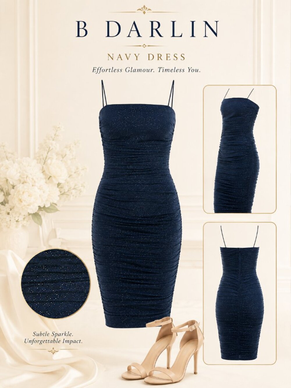 B Darlin Juniors Square Neck Glitter Ruched Mesh Dress Navy S